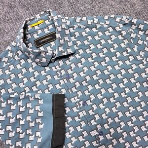 Rare Rabbit Mens M Blue QRAN Geometric Monogram Short Sleeve 100% Viscose Shirt